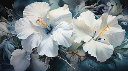  a painting of two white flowers with green leaves on a black background.  generative ai