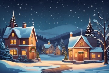 In a Small Village on a Winter Night Background, Generative Ai