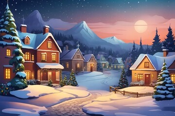 In a Small Village on a Winter Night Background, Generative Ai