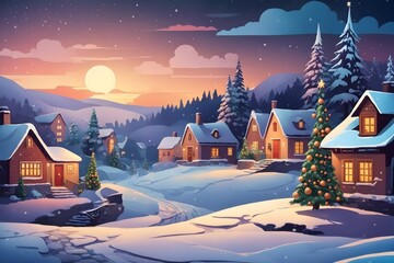 In a Small Village on a Winter Night Background, Generative Ai