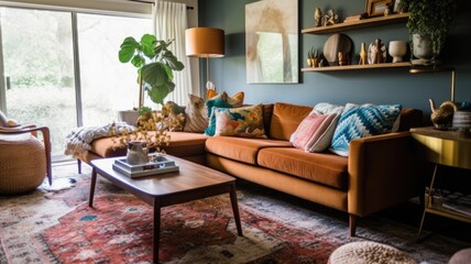 Living room decor, home interior design . Mid-century modern Bohemian style with Fireplace...