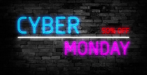 Neon glowing sign Cyber Monday on black brick wall. Computer graphics of electric luminous billboard, banner from blue purple neon tubes. Neon signboard of sale shopping.