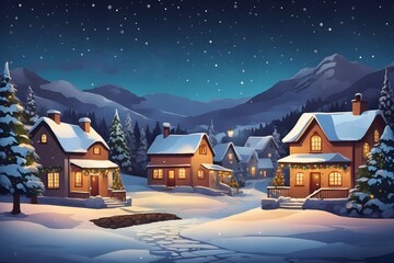 In a Small Village on a Winter Night Background, Generative Ai
