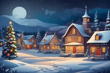 In a Small Village on a Winter Night Background, Generative Ai