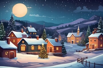 In a Small Village on a Winter Night Background, Generative Ai