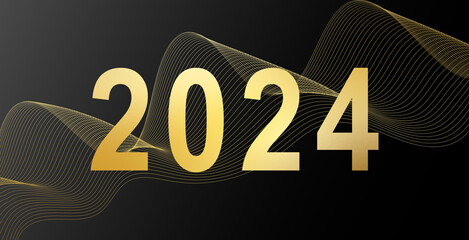 2024 Happy New Year Background Design. Golden 2024 Happy New Year Lettering on Black Background....