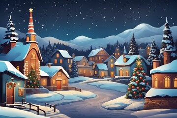 In a Small Village on a Winter Night Background, Generative Ai