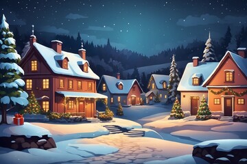 In a Small Village on a Winter Night Background, Generative Ai