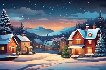 In a Small Village on a Winter Night Background, Generative Ai