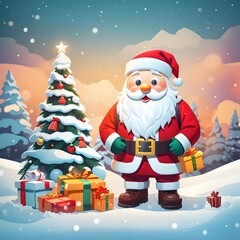 Merry Christmas With Cartoon Santa Claus Snowman Gifts Box Background, Generative Ai
