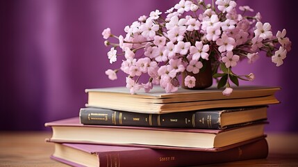  a stack of books with a vase of flowers on top of them.  generative ai