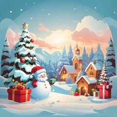 Merry Christmas With Cartoon Santa Claus Snowman Gifts Box Background, Generative Ai