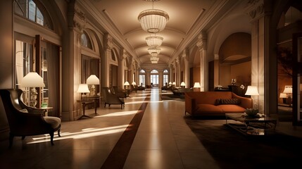 Luxury hotel lobby with big windows. Panoramic photo.