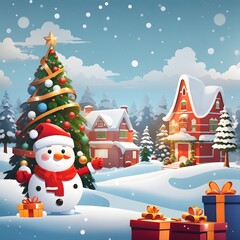 Merry Christmas With Cartoon Santa Claus Snowman Gifts Box Background, Generative Ai