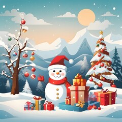 Merry Christmas With Cartoon Santa Claus Snowman Gifts Box Background, Generative Ai