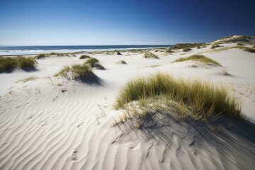A sunny coastal setting with white sand dunes. Generative AI