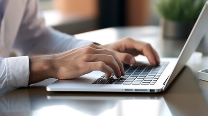 Close-up Portrait of Typing Keyboard on Laptop: Online Work and Communication
