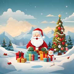 Merry Christmas With Cartoon Santa Claus Snowman Gifts Box Background, Generative Ai