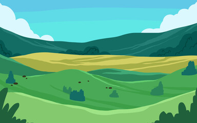 green landscape with trees cartoon illustration vector