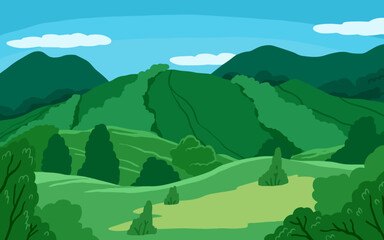 green landscape with trees cartoon illustration vector