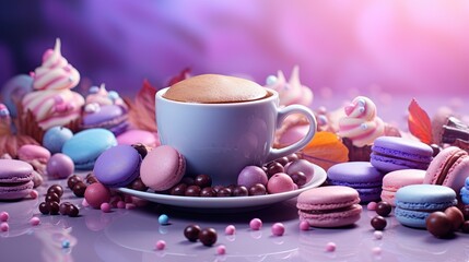 Obraz na płótnie Canvas a cup of coffee surrounded by macaroons and sweets. generative ai