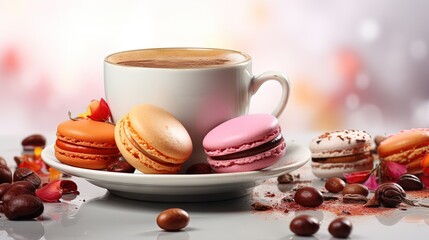  a cup of coffee and a plate of macaroons.  generative ai