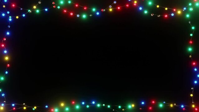 String lights are hung and decorated in a frame, the colour of the lights is a Christmas theme.