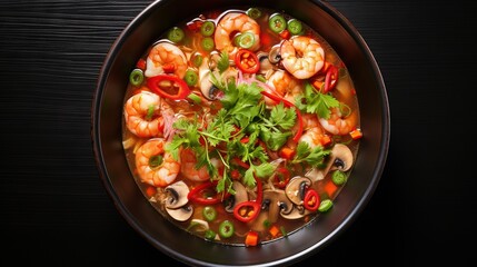  a bowl of soup with shrimp, mushrooms, peppers and broccoli.  generative ai