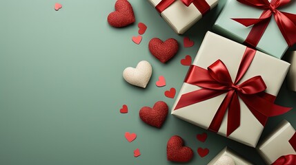  a group of gift boxes with red bows and hearts scattered around them.  generative ai