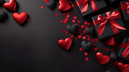  a bunch of red hearts and a black box with a red bow.  generative ai