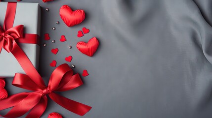  a white gift box with a red ribbon and hearts on a gray background.  generative ai