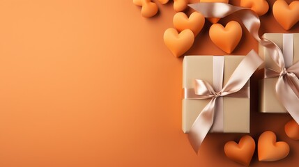  a group of gift boxes with bows and hearts on a orange background.  generative ai