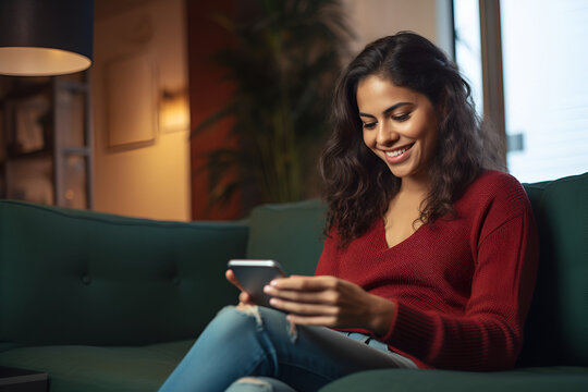 Happy young latin woman sitting on sofa holding mobile phone using cellphone technology doing ecommerce shopping, buying online, texting messages relaxing on couch in cozy living room at home. AI