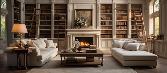 Traditional living room featuring couches and shelves for books - obrazy, fototapety, plakaty