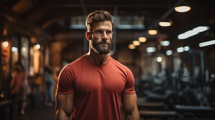 Fototapeta premium Athletic man against the backdrop of the gym. Bodybuilder trainer posing for the camera. Pumped up sexy guy. Concept: sport