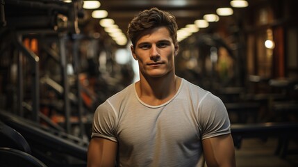 Fototapeta premium Athletic man against the backdrop of the gym. Bodybuilder trainer posing for the camera. Pumped up sexy guy. Concept: sport