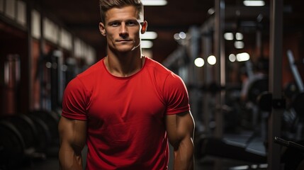 Athletic man against the backdrop of the gym. Bodybuilder trainer posing for the camera. Pumped up sexy guy. Concept: sport