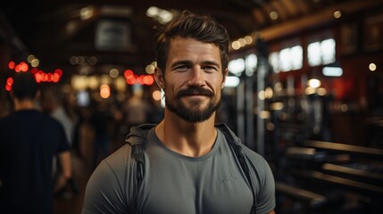Obraz premium Athletic man against the backdrop of the gym. Bodybuilder trainer posing for the camera. Pumped up sexy guy. Concept: sport