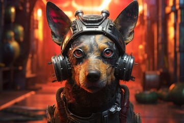 Doberman dog wearing a helmet and headphones