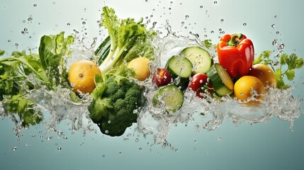  a bunch of fruits and vegetables are splashing in water.  generative ai