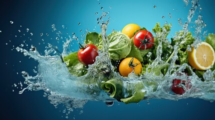  a bunch of fruits and vegetables are splashing into the water.  generative ai