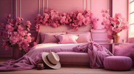  a bedroom with a pink bed and pink flowers on the wall.  generative ai