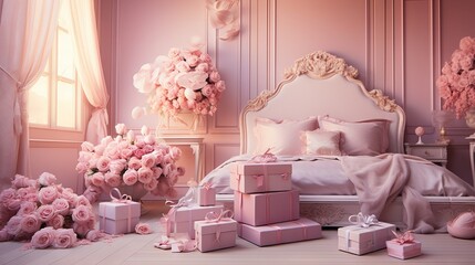  a bedroom with pink flowers and gifts on the floor next to the bed.  generative ai