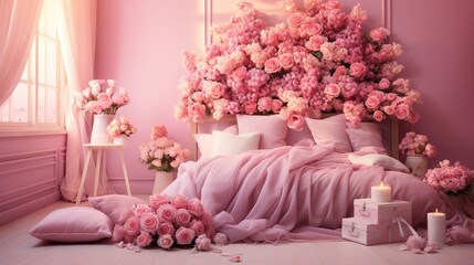  a bed with pink flowers on it and a pink blanket.  generative ai