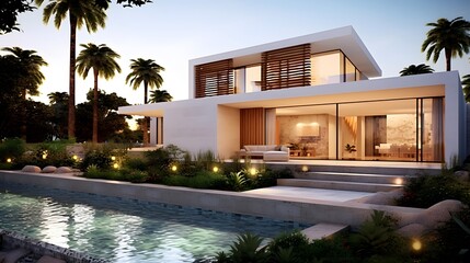 3d rendering of a modern house by the sea at sunset.