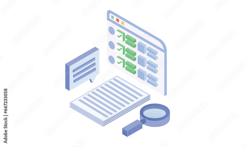 Poster magnifier search, analytics, documentation.on white background.3d design.isometric vector design ill