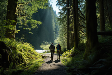 Two people hiking on a trail in the forest