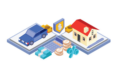 Car insurance services. Insurance contract document and Real estate. Home loans and real estate business concepts.on white background.3D design.isometric vector design Illustration.