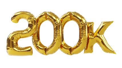 3D render of 200k or two hundred thousand golden numbers isolated on white background, 200k followers celebration.
