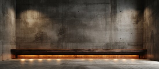 Interior design background with smooth abstract concrete and wooden elements in a dark empty space illustration